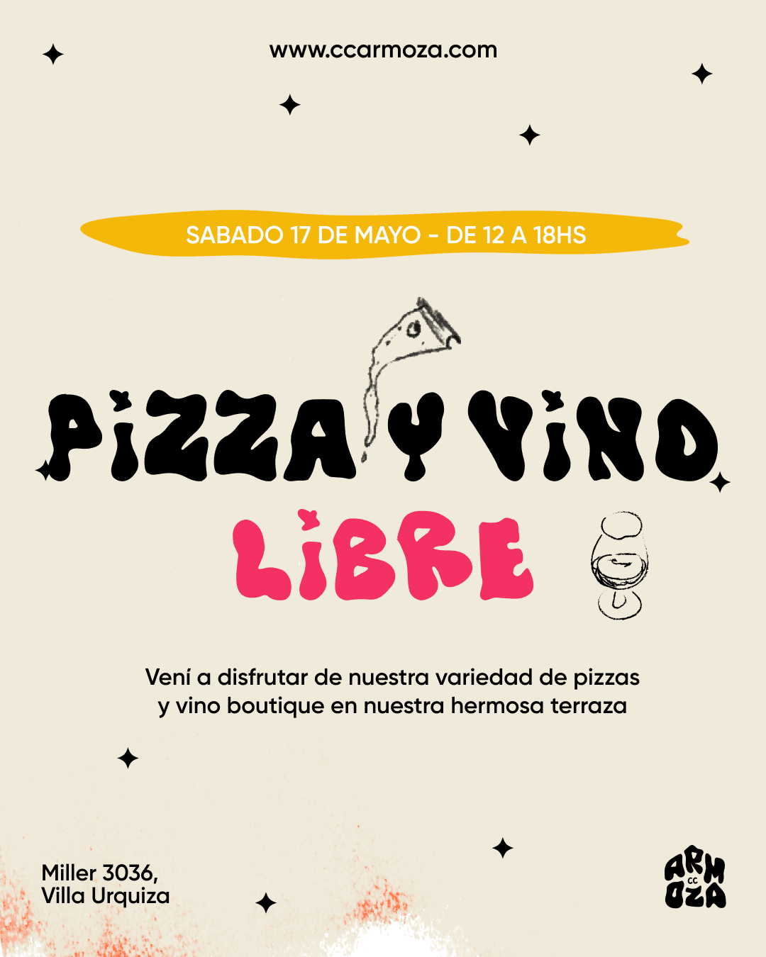 Pizza y vino libre de día!